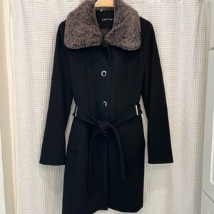 Calvin Klein Black Trench Coat with Brown Faux Fur Collar